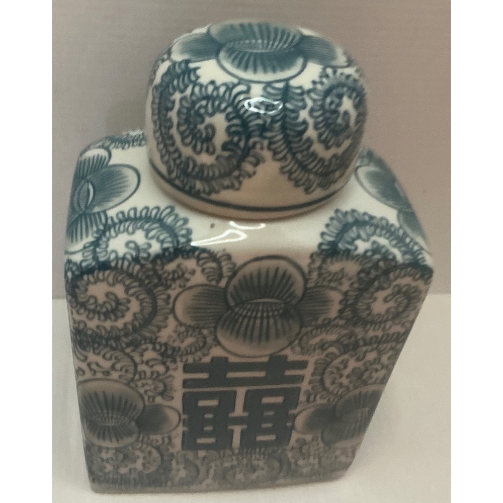 Three Hands Corp Blue White Ginger Jar Double Happiness Floral Ceramic Vase 8.5"